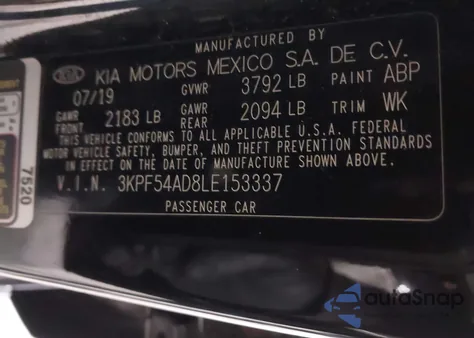 2020 Kia Forte Ex z USA, uszkodzony, nr VIN 3KPF54AD8LE153337